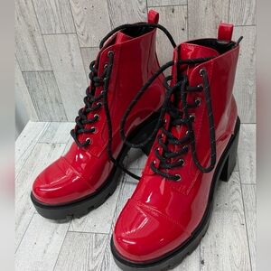 Azalea Wang Vibrant Red Patent Lace-Up Boots